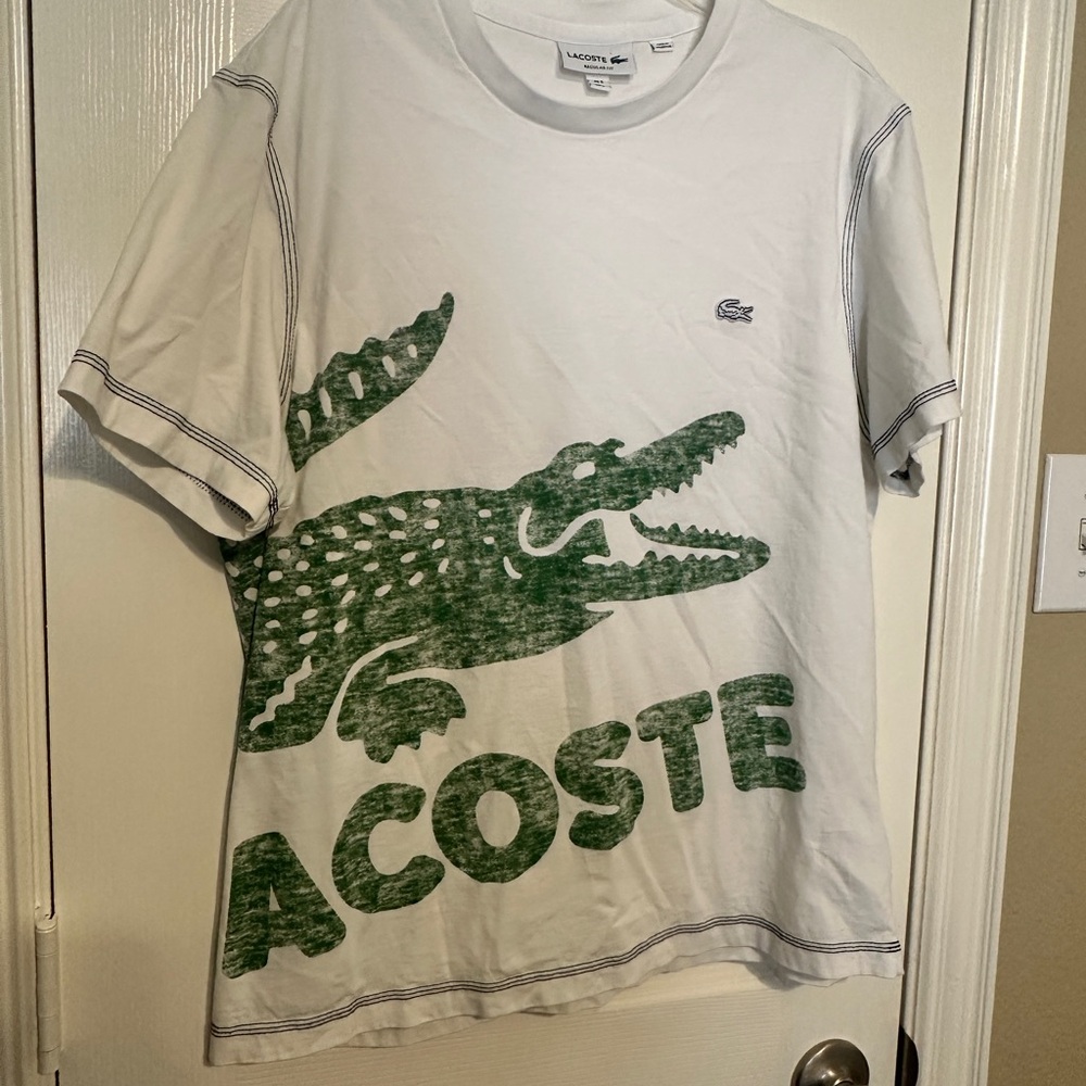 Lacoste White Tee with Green Croc Logo